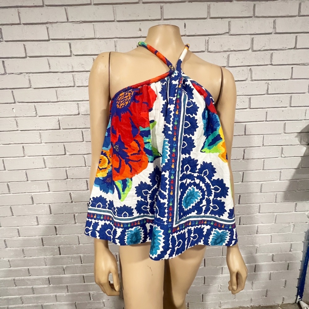Farm Rio Tapestry Blue Red Mixed Floral Tile Print Halter Top Open Back | M - Picture 5 of 11